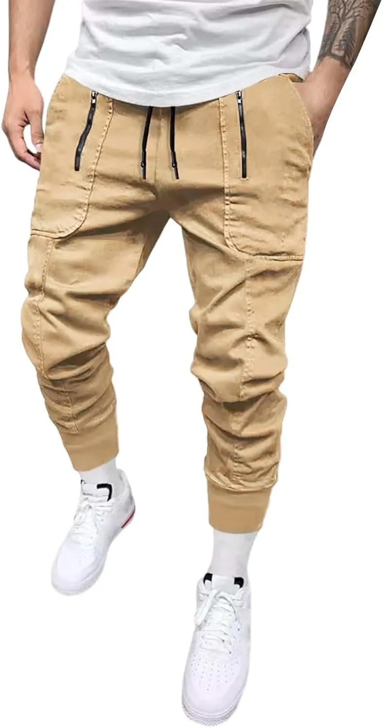 Cargo Pants for Men Outdoor Tactical Jogging Pants Slim Fit Sweatpants Elastic Waist Tapered Pants with Multi Pockets