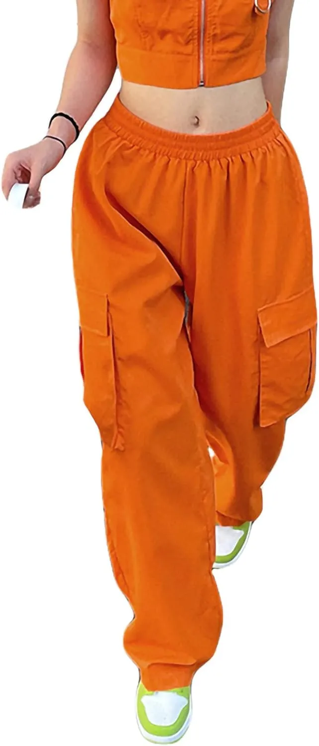 Cargo Pants Women Baggy High Waist Wide Leg Drawstring Pants Loose Casual Straight Cargo Trousers with Pockets Streetwear