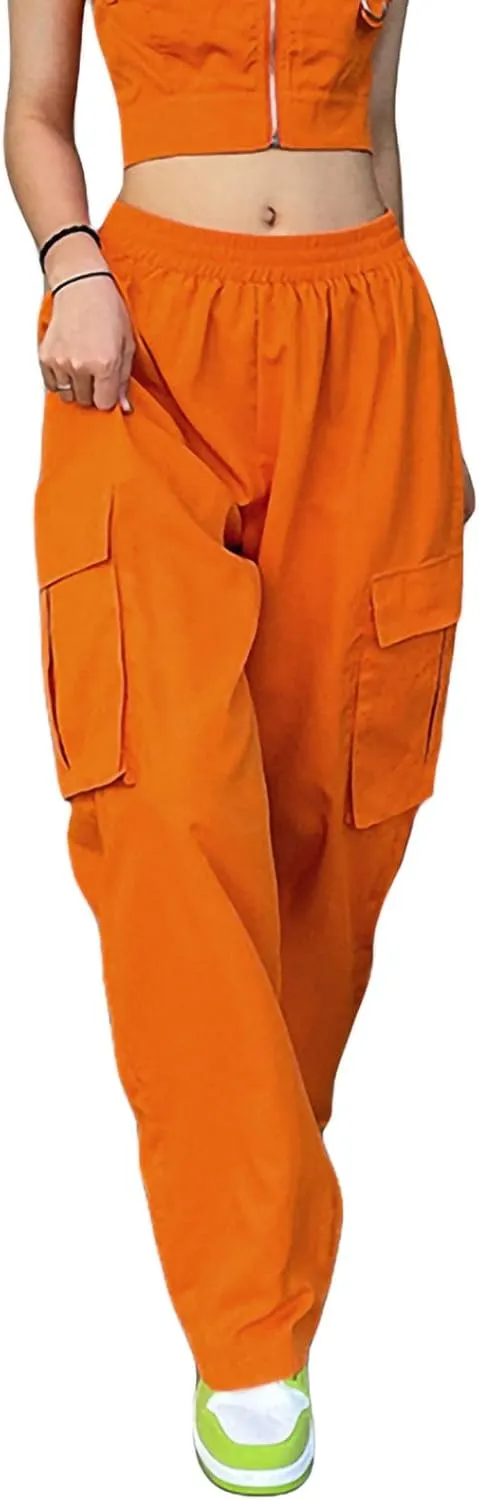 Cargo Pants Women Baggy High Waist Wide Leg Drawstring Pants Loose Casual Straight Cargo Trousers with Pockets Streetwear