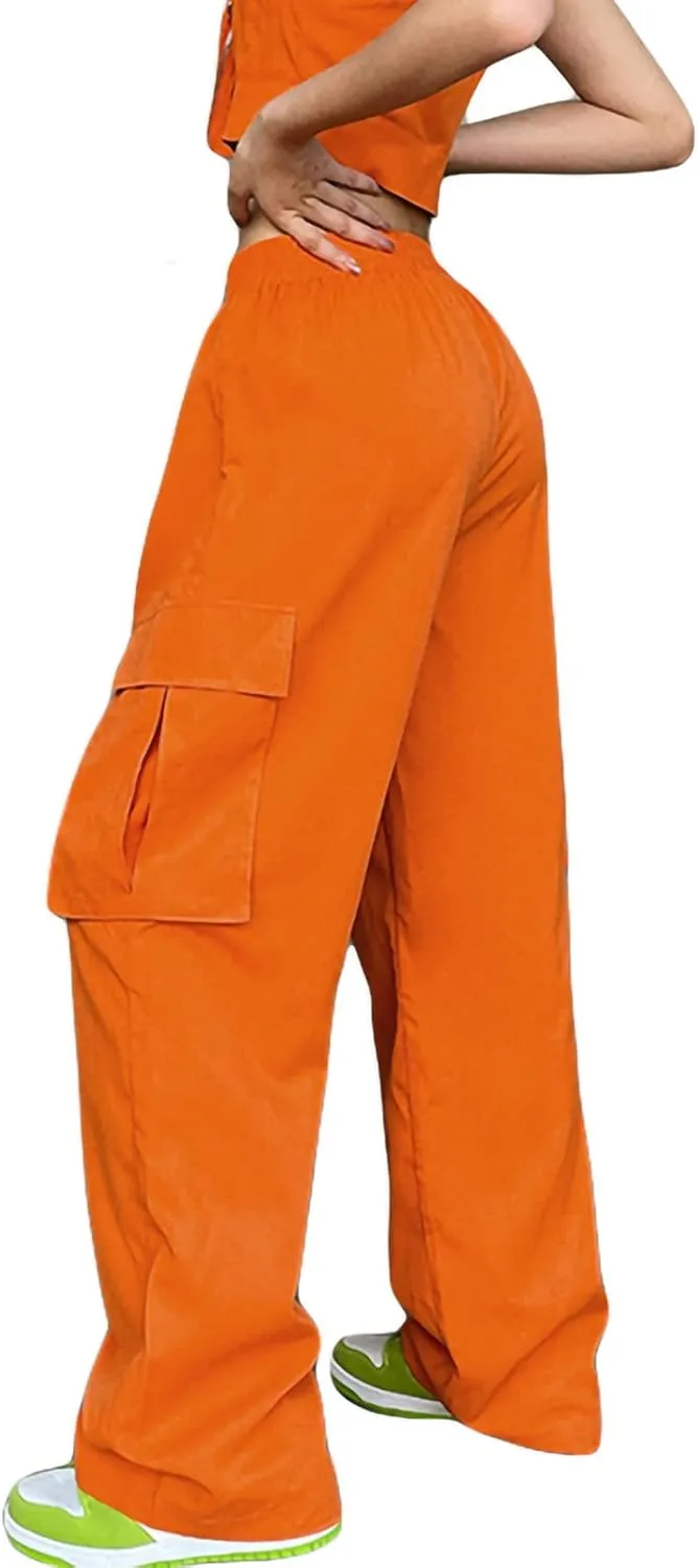 Cargo Pants Women Baggy High Waist Wide Leg Drawstring Pants Loose Casual Straight Cargo Trousers with Pockets Streetwear