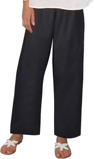 Casual Linen Trousers for Women Solid Color Straight Leg Elastic Waist Loose Comfy Travel Pants Autumn Outdoor Slacks