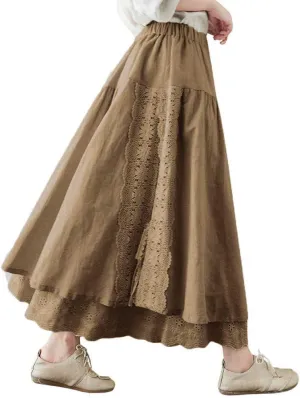 chouyatou Women's Cute Lace Eyelet Embroidery Boho Skirt Elastic Waist Pleated Swing Midi Long Skirt