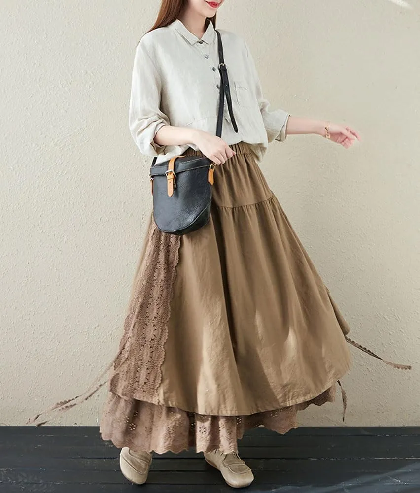 chouyatou Women's Cute Lace Eyelet Embroidery Boho Skirt Elastic Waist Pleated Swing Midi Long Skirt