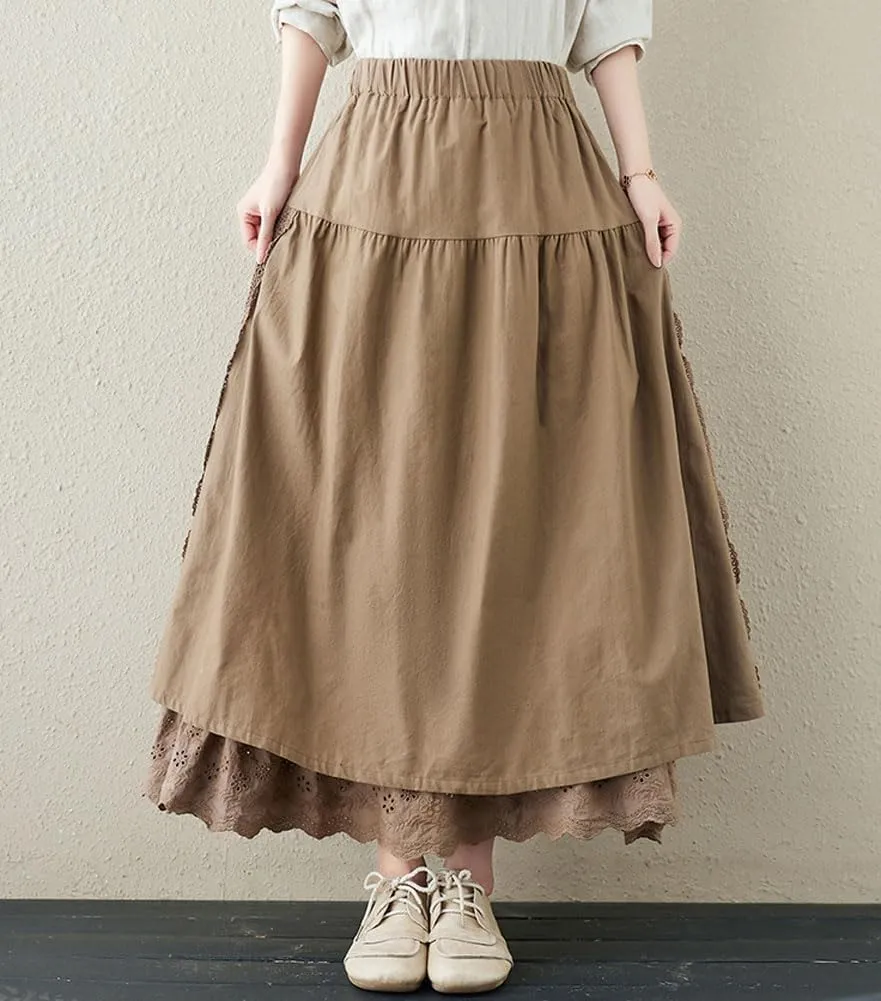 chouyatou Women's Cute Lace Eyelet Embroidery Boho Skirt Elastic Waist Pleated Swing Midi Long Skirt