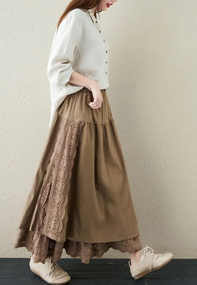 chouyatou Women's Cute Lace Eyelet Embroidery Boho Skirt Elastic Waist Pleated Swing Midi Long Skirt