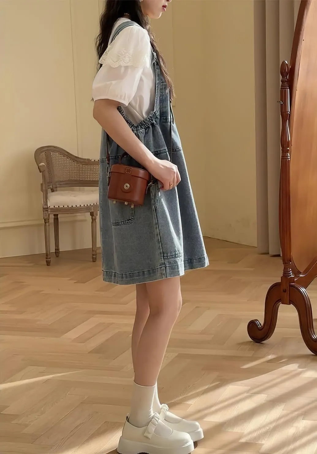 chouyatou Women's Cute Sleeveless Denim Overall Dress Y2K Baggy Midi Jean Jumper Dress with Pockets