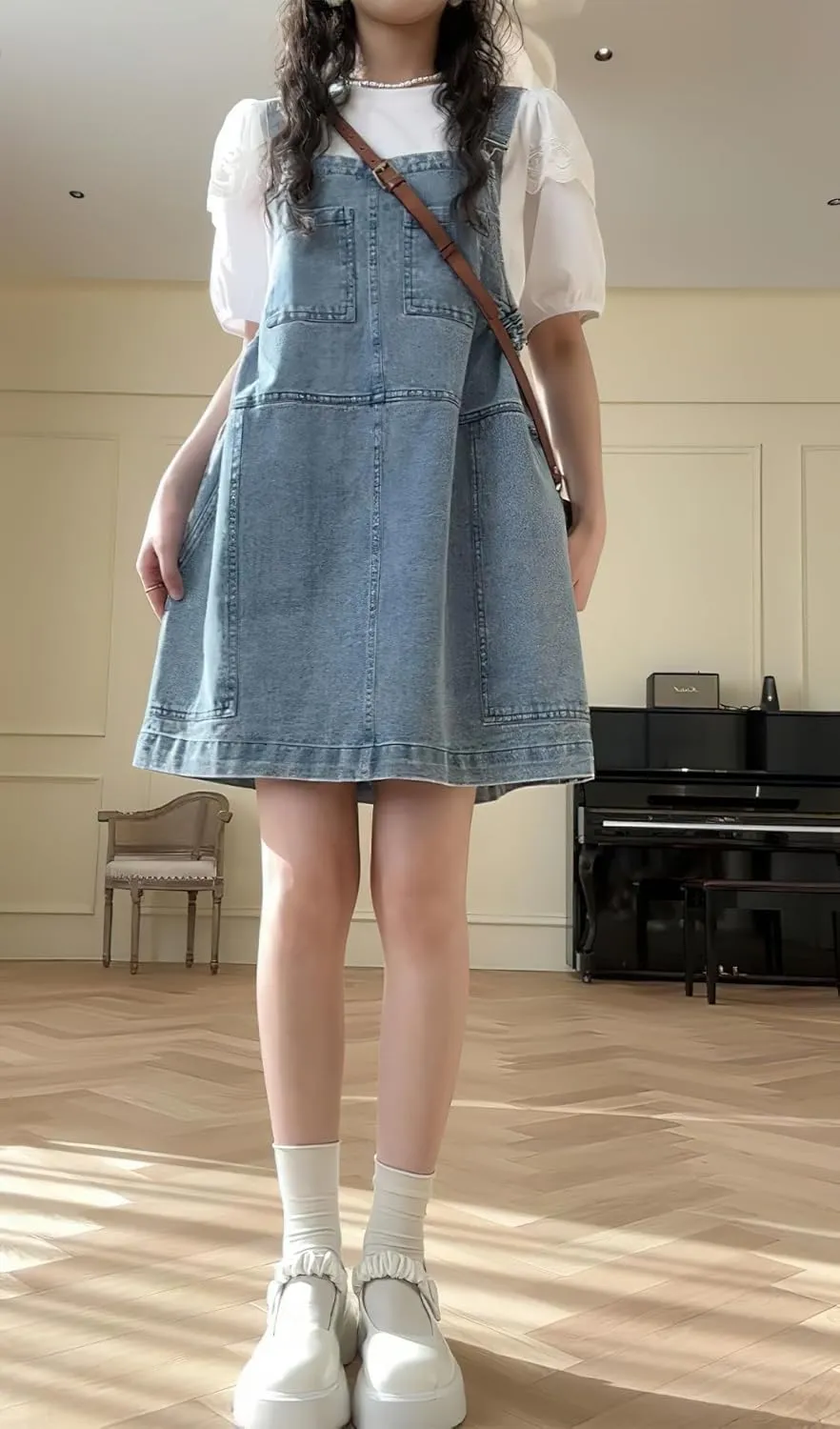 chouyatou Women's Cute Sleeveless Denim Overall Dress Y2K Baggy Midi Jean Jumper Dress with Pockets