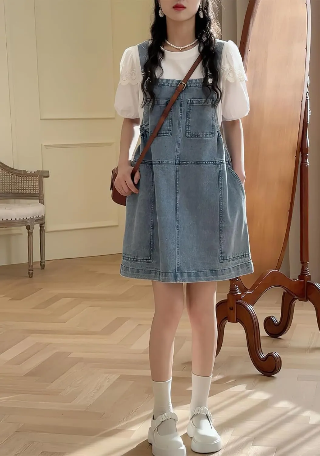 chouyatou Women's Cute Sleeveless Denim Overall Dress Y2K Baggy Midi Jean Jumper Dress with Pockets