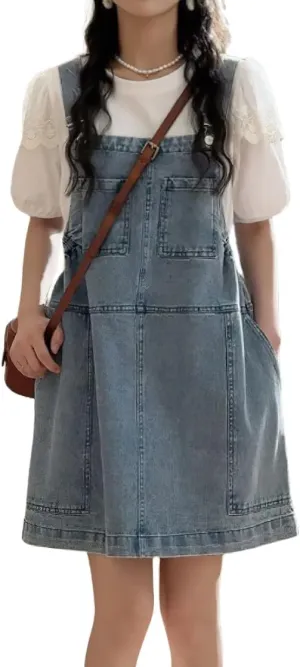 chouyatou Women's Cute Sleeveless Denim Overall Dress Y2K Baggy Midi Jean Jumper Dress with Pockets