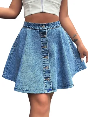 chouyatou Women's High Waisted Denim Button Down Mini Skirt Cute A-Line Skater Short Jean Skirt