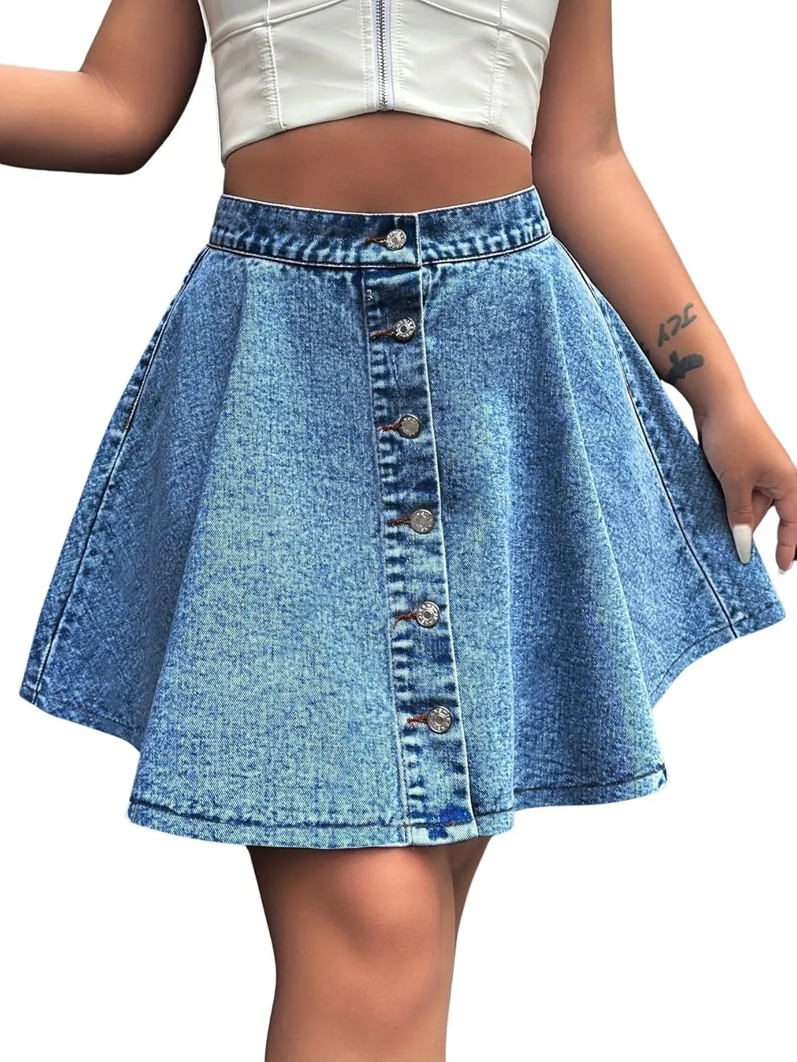 chouyatou Women's High Waisted Denim Button Down Mini Skirt Cute A-Line Skater Short Jean Skirt