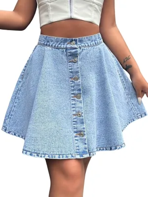 chouyatou Women's High Waisted Denim Button Down Mini Skirt Cute A-Line Skater Short Jean Skirt