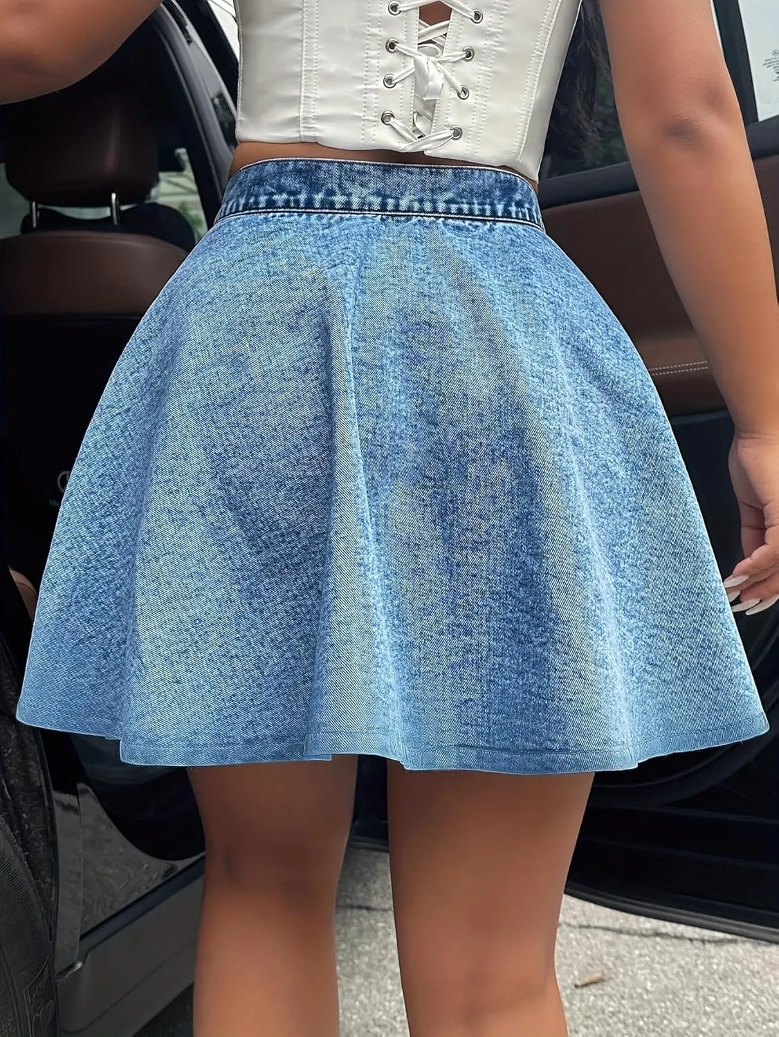 chouyatou Women's High Waisted Denim Button Down Mini Skirt Cute A-Line Skater Short Jean Skirt