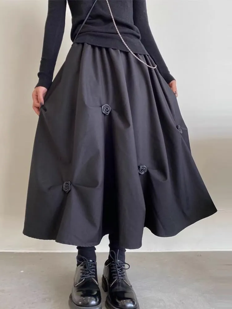 chouyatou Women's Retro Floral Applique Elastic Waist A Line Pleated Swing Midi Long Skirt