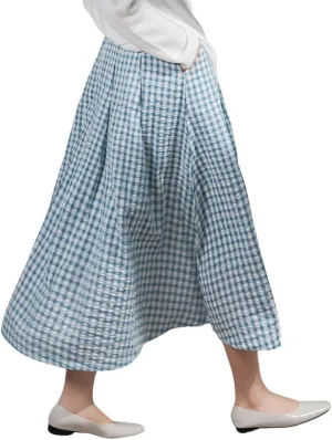 chouyatou Women's Retro Plaid Pleated Long Skirts High Elastic Waist Swing Gingham Midi Skirt with Pockets