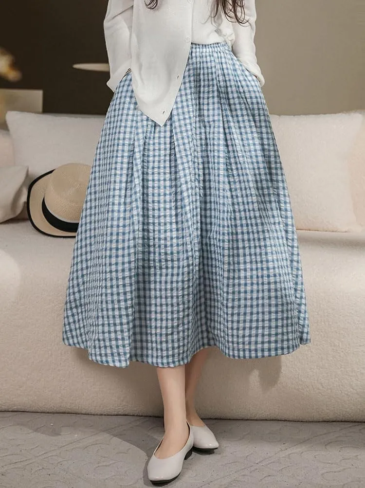 chouyatou Women's Retro Plaid Pleated Long Skirts High Elastic Waist Swing Gingham Midi Skirt with Pockets
