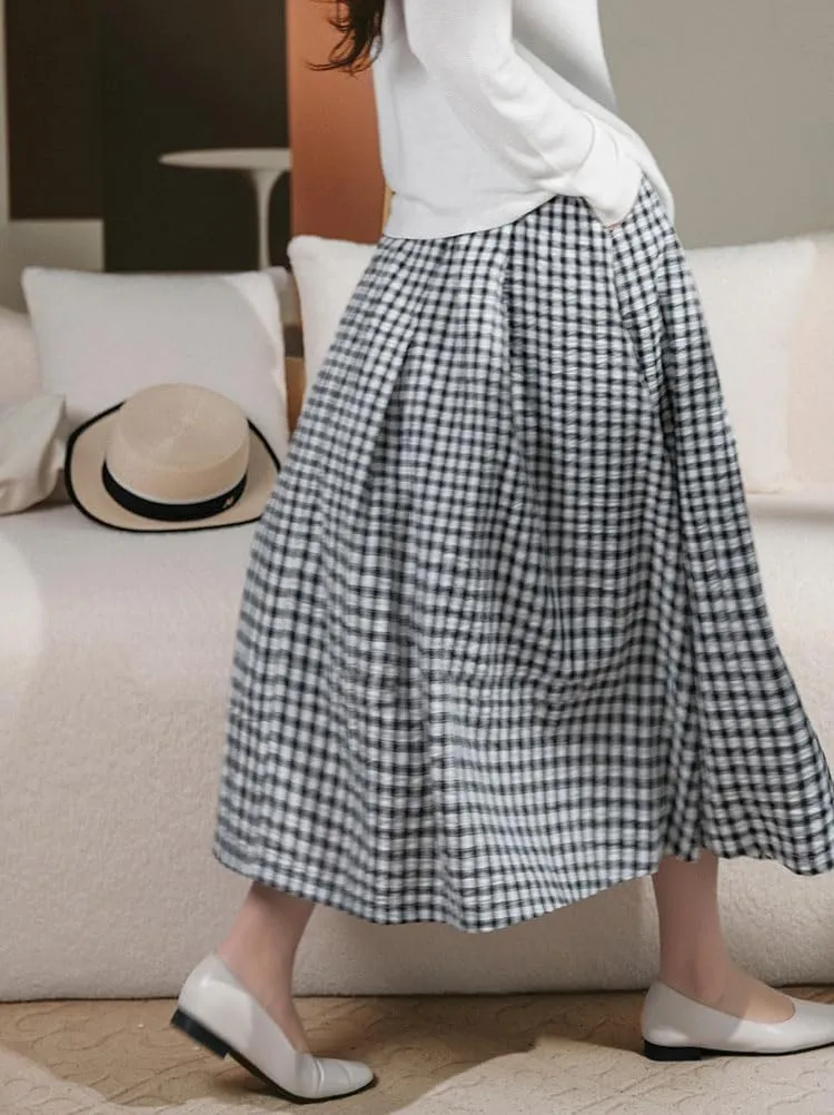 chouyatou Women's Retro Plaid Pleated Long Skirts High Elastic Waist Swing Gingham Midi Skirt with Pockets