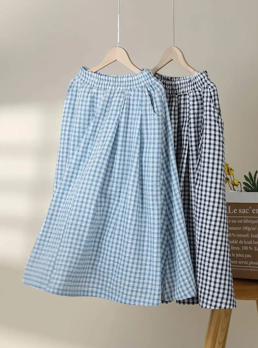 chouyatou Women's Retro Plaid Pleated Long Skirts High Elastic Waist Swing Gingham Midi Skirt with Pockets