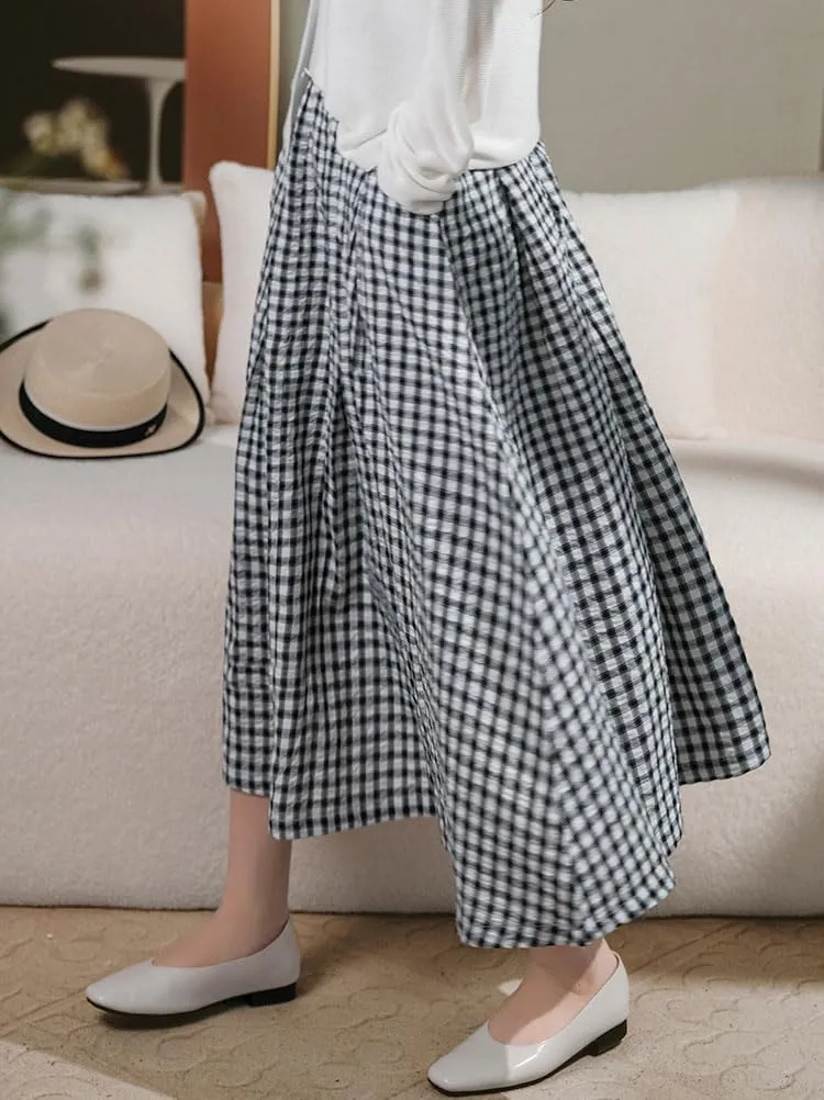 chouyatou Women's Retro Plaid Pleated Long Skirts High Elastic Waist Swing Gingham Midi Skirt with Pockets