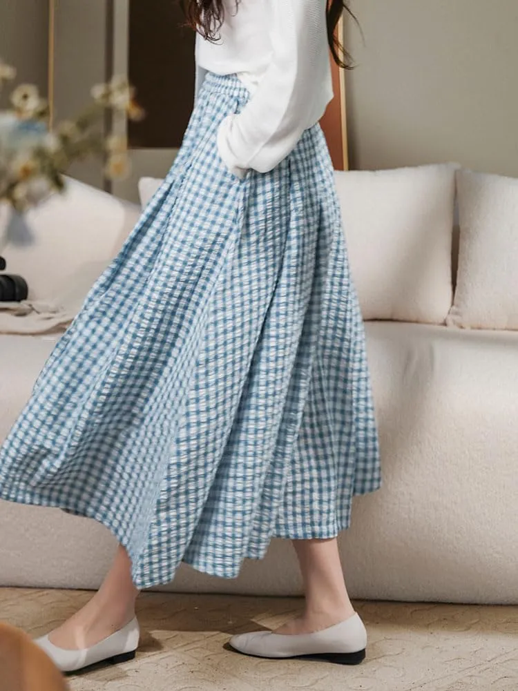 chouyatou Women's Retro Plaid Pleated Long Skirts High Elastic Waist Swing Gingham Midi Skirt with Pockets