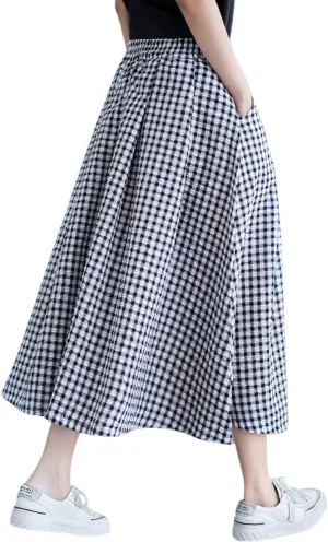 chouyatou Women's Retro Plaid Pleated Long Skirts High Elastic Waist Swing Gingham Midi Skirt with Pockets