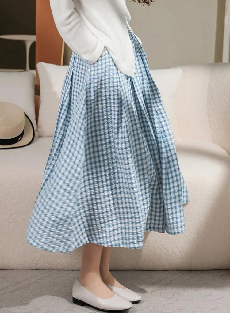 chouyatou Women's Retro Plaid Pleated Long Skirts High Elastic Waist Swing Gingham Midi Skirt with Pockets