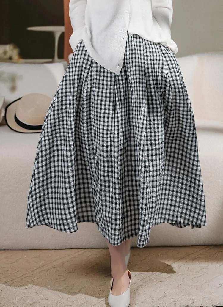 chouyatou Women's Retro Plaid Pleated Long Skirts High Elastic Waist Swing Gingham Midi Skirt with Pockets