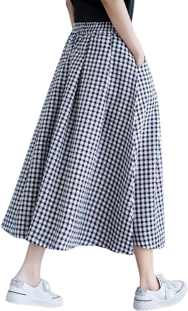 chouyatou Women's Retro Plaid Pleated Long Skirts High Elastic Waist Swing Gingham Midi Skirt with Pockets
