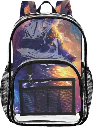 Clear Bag for Women Travel Girls Backpack for Kids Plastic School Clear Bookbag Wolf Fantastic Animal