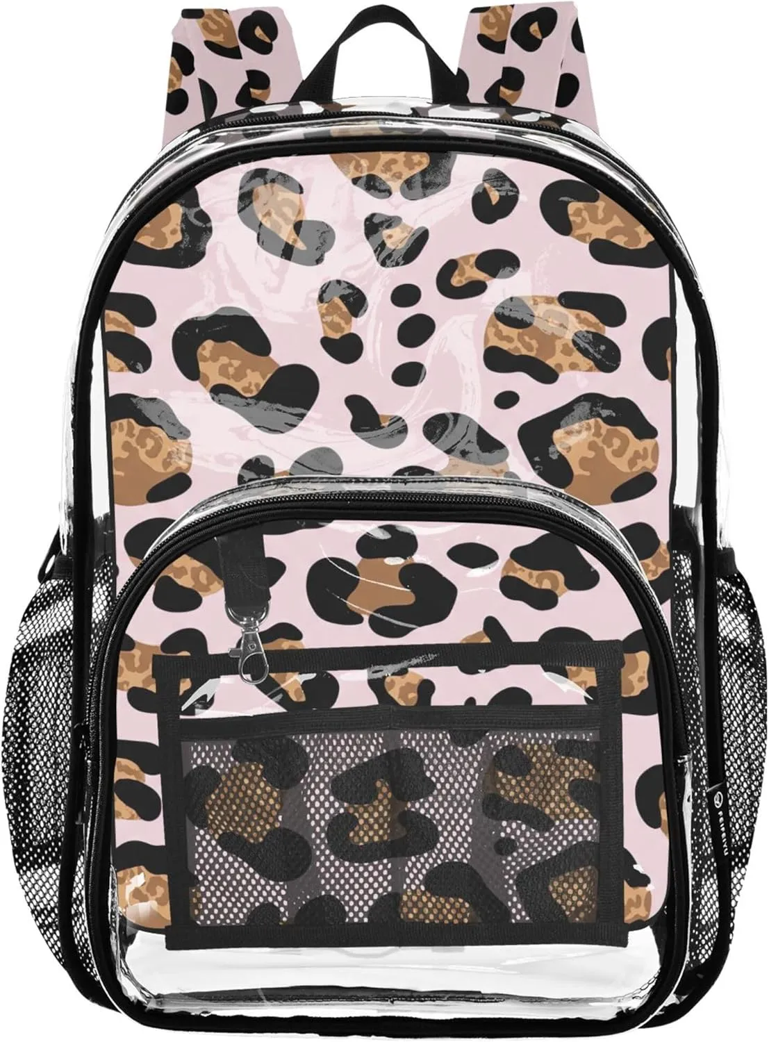 Clear Bag for Women Travel Kids Girls Backpack Boys Approved Plastic Bag Large Leopard Spots Black Tan Soft Pink
