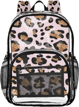 Clear Bag for Women Travel Kids Girls Backpack Boys Approved Plastic Bag Large Leopard Spots Black Tan Soft Pink