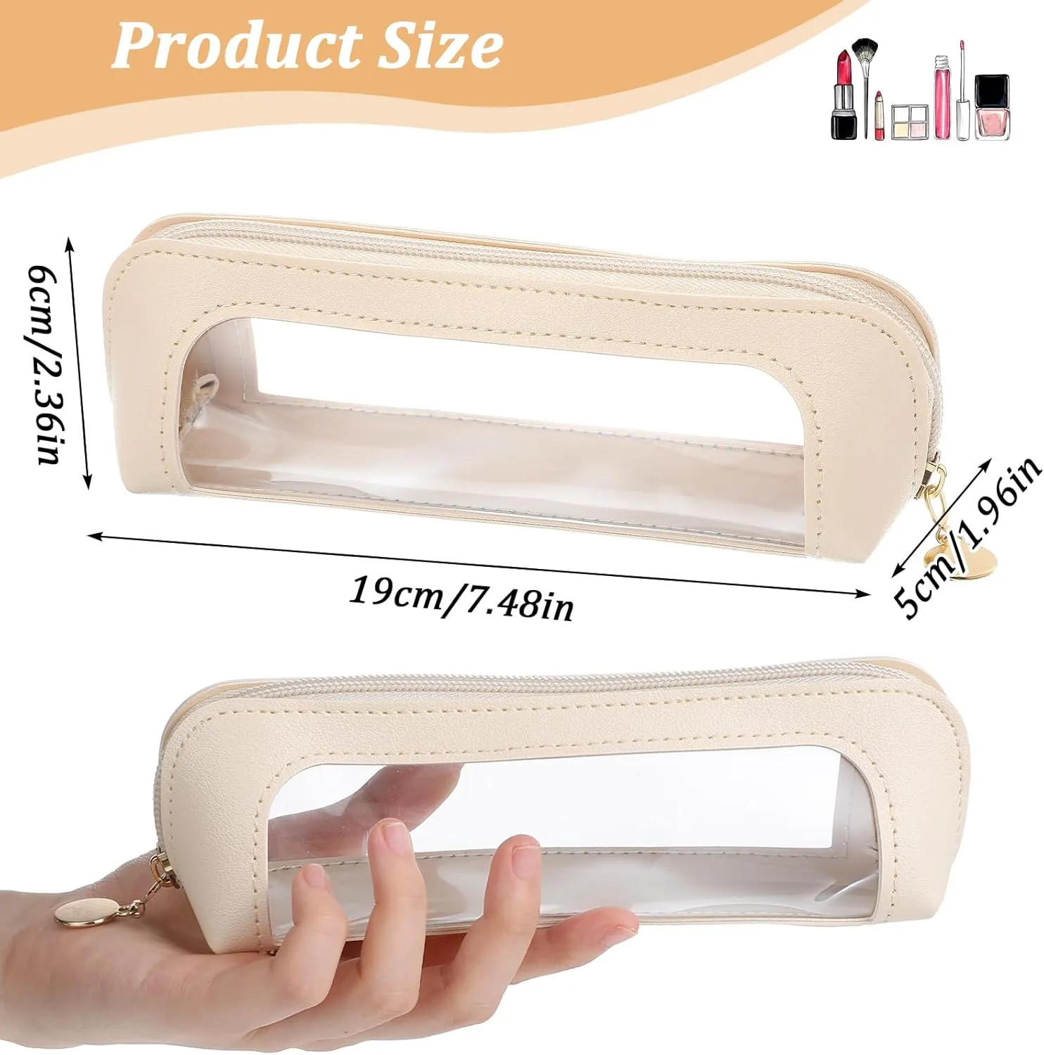 Clear Makeup Bag, Portable Transparent Cosmetic Organizer, PU Leather Makeup Brush Holder, Waterproof Travel Toiletry Pouch with Zipper for Women, Slim Makeup Case for Home, Office, Travel(Beige)
