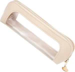 Clear Makeup Bag, Portable Transparent Cosmetic Organizer, PU Leather Makeup Brush Holder, Waterproof Travel Toiletry Pouch with Zipper for Women, Slim Makeup Case for Home, Office, Travel(Beige)