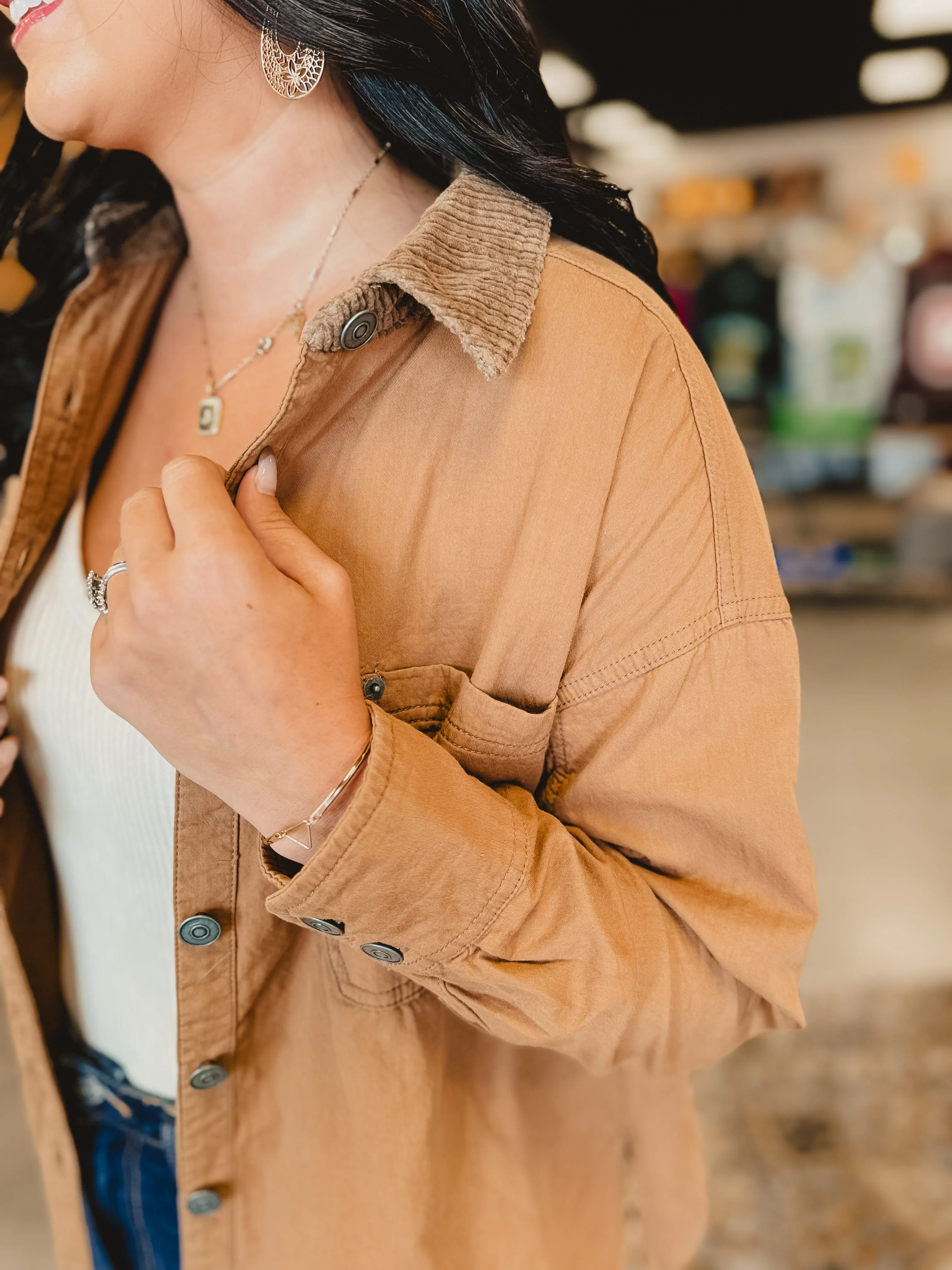 Corduroy Button Down Long Sleeve Jacket - Tan