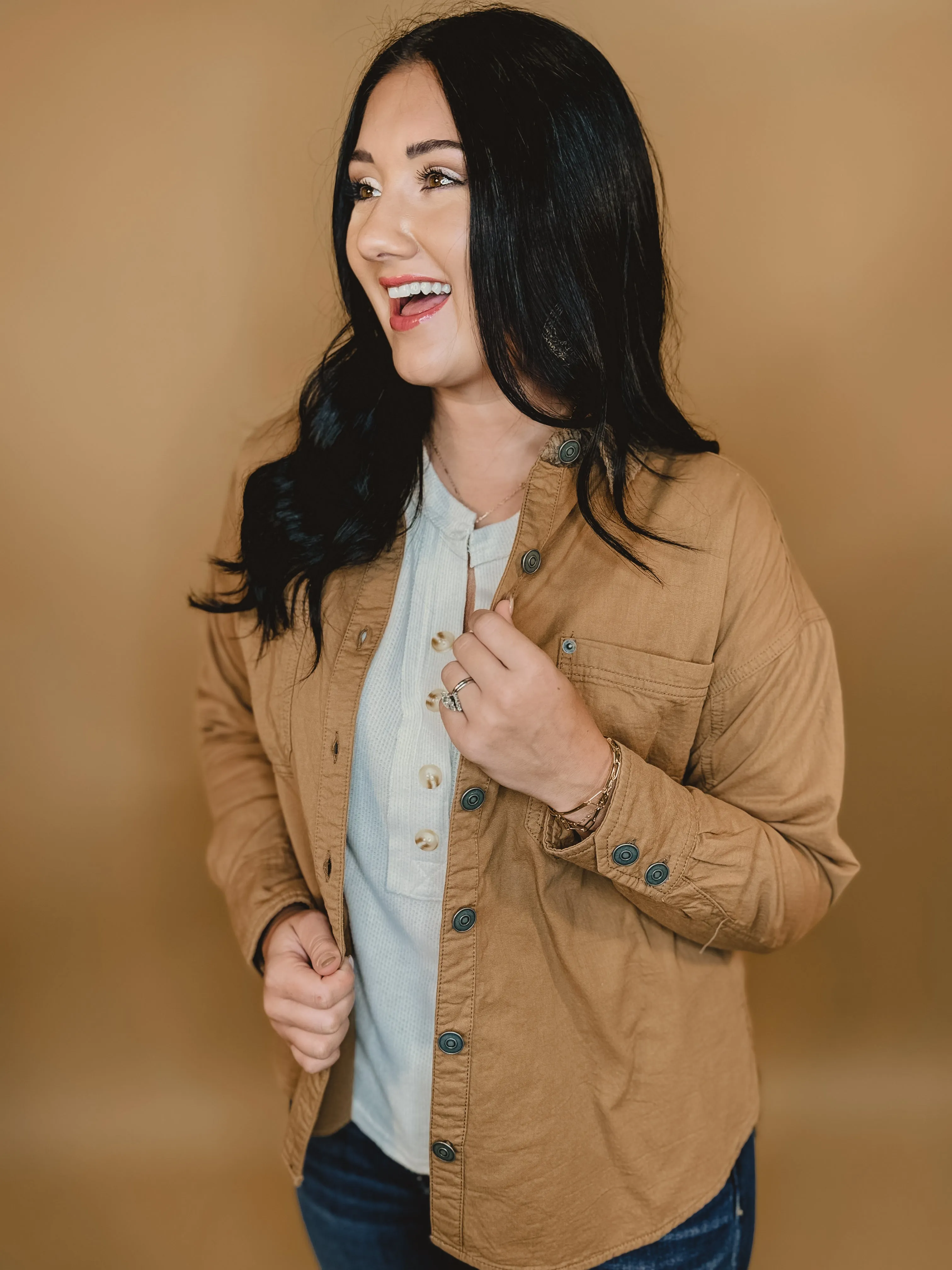 Corduroy Button Down Long Sleeve Jacket - Tan