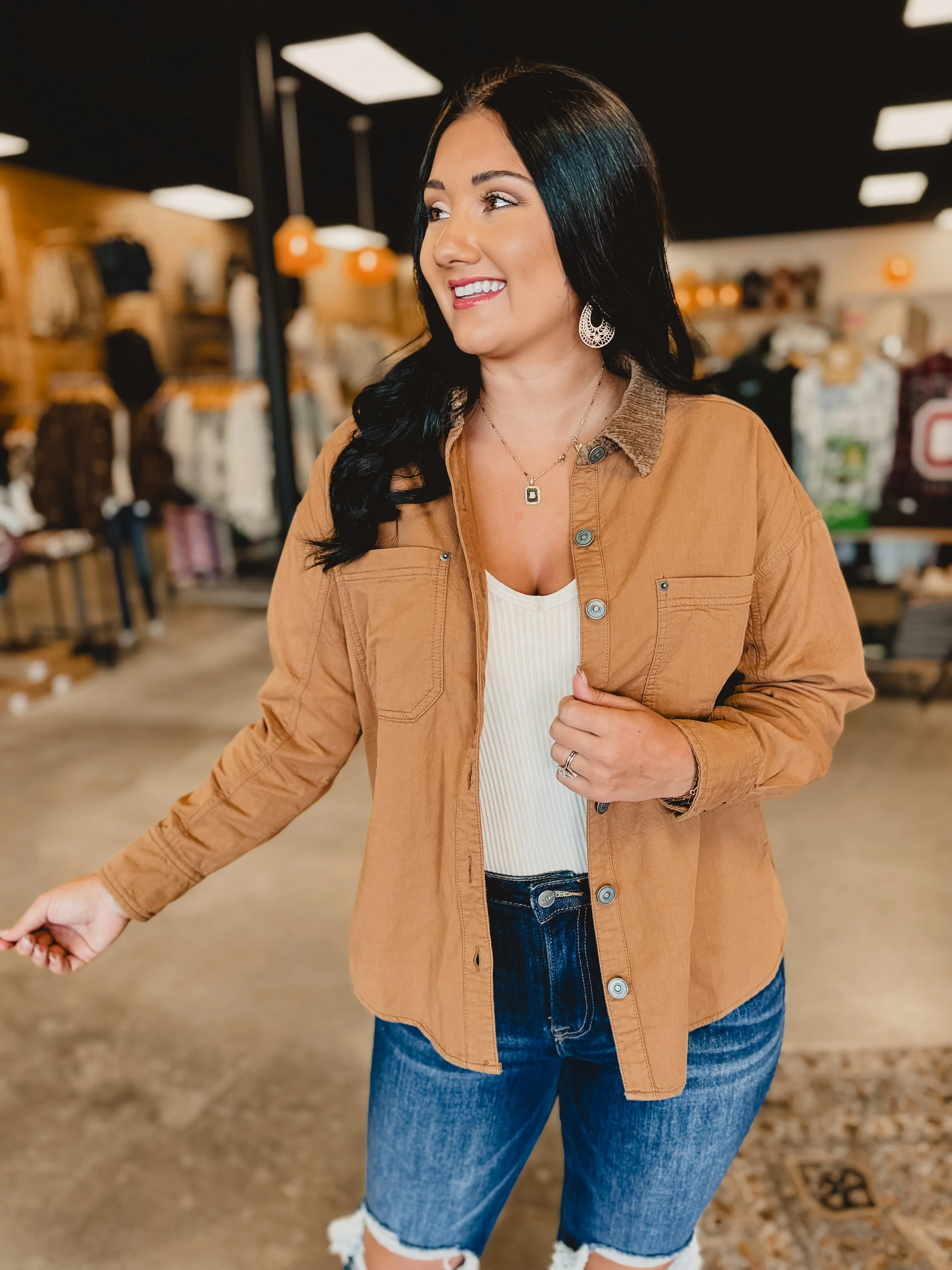 Corduroy Button Down Long Sleeve Jacket - Tan