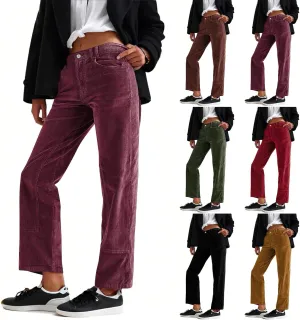Corduroy Pants Women Bootcut Elastic Waist Straight Leg Pants Casual Loose Vintage Pants Comfy Trousers with Pockets