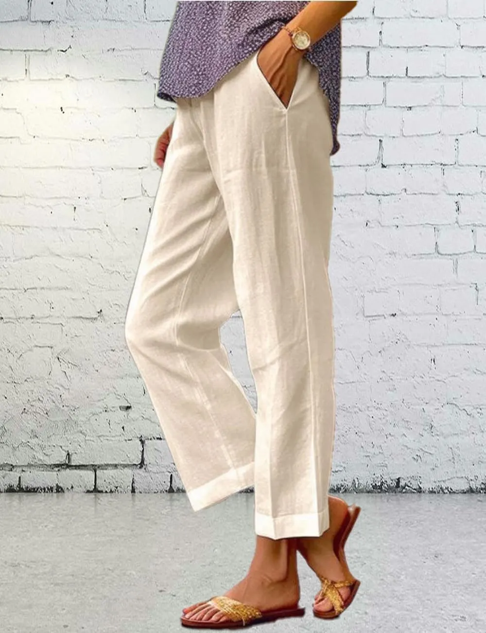 Costaric Cotton Linen Floral Cropped Pants for Women Summer Elastic Waist Straight Wide Leg Boho Beach Trouser with Pockets