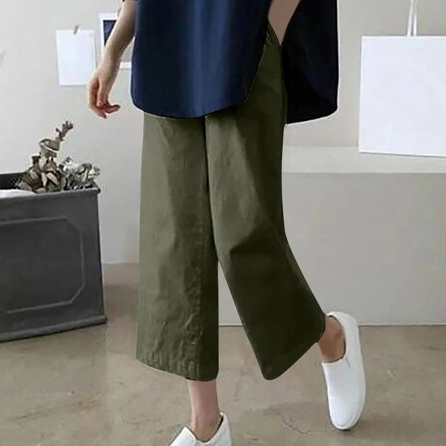 Cotton Linen Capris Pants for Women Casual Summer 2025 Straight Wide Leg Loose Elastic Waist Cropped Trouser