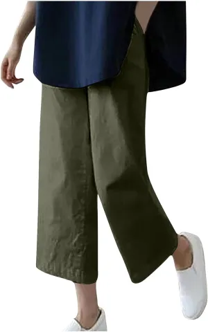 Cotton Linen Capris Pants for Women Casual Summer 2025 Straight Wide Leg Loose Elastic Waist Cropped Trouser