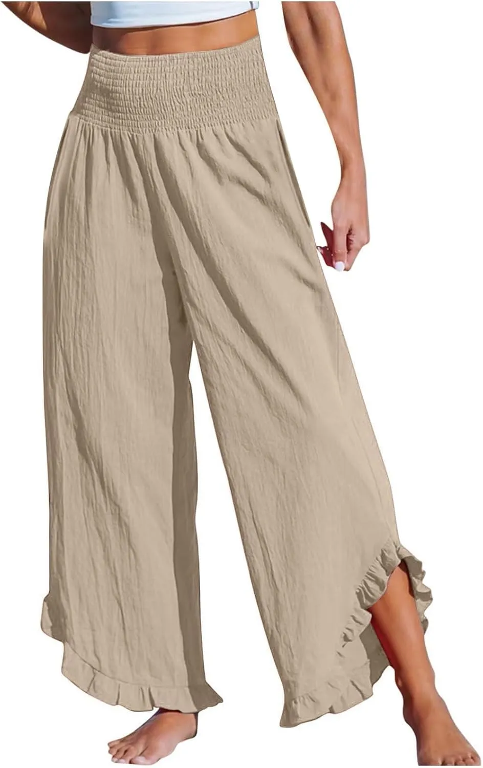Cotton Linen Pants for Women 2025 Wide Leg Ruffle Hem Elastic High Waist Palazzo Long Pant Flowy Hem Lounge Trousers