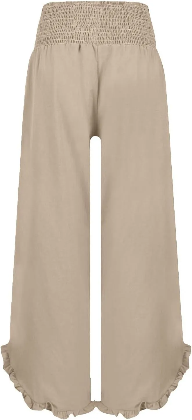 Cotton Linen Pants for Women 2025 Wide Leg Ruffle Hem Elastic High Waist Palazzo Long Pant Flowy Hem Lounge Trousers