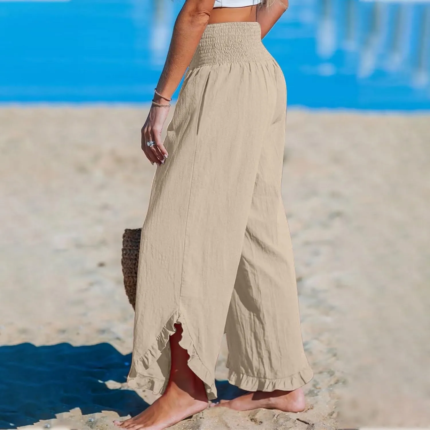 Cotton Linen Pants for Women 2025 Wide Leg Ruffle Hem Elastic High Waist Palazzo Long Pant Flowy Hem Lounge Trousers
