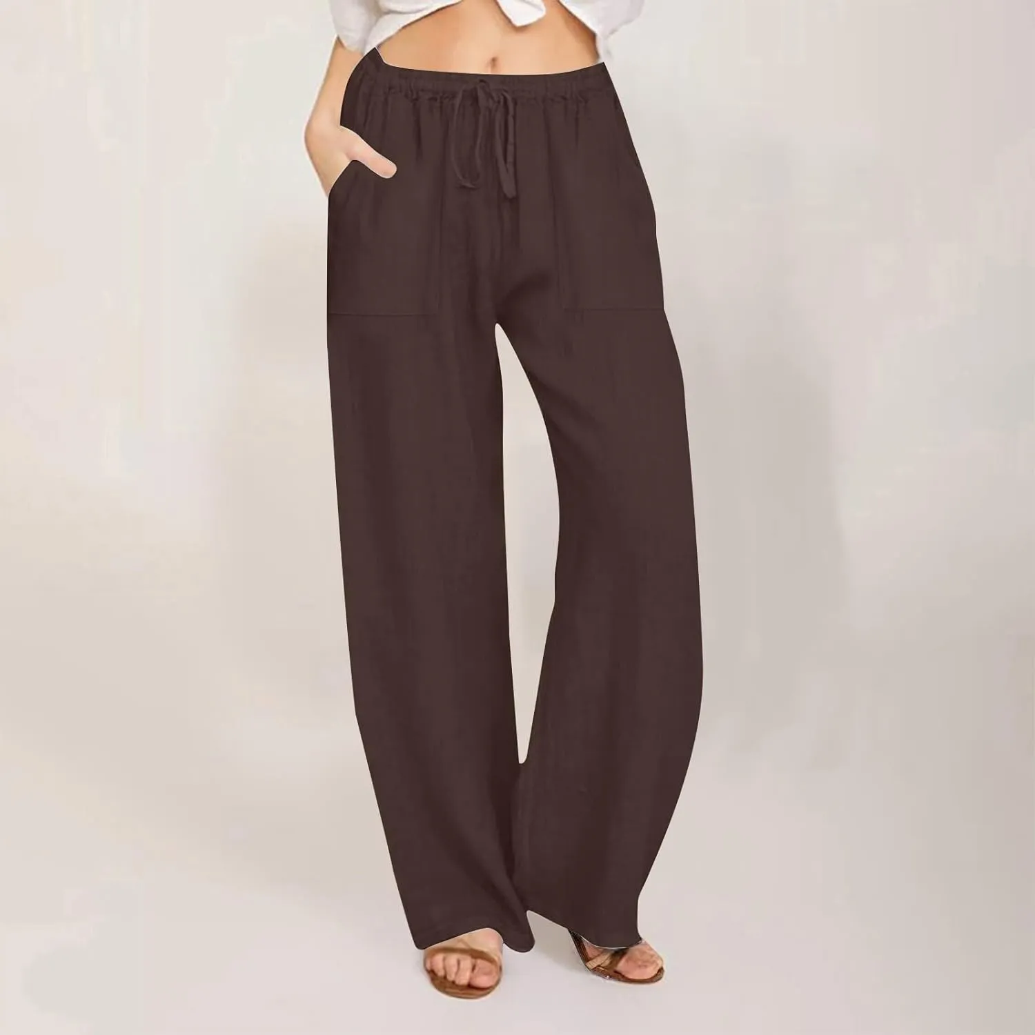 Cotton Linen Pants Women 2025 Summer Wide Leg Casual Loose Trousers Drawstring High Waist Palazzo Pants with Pockets