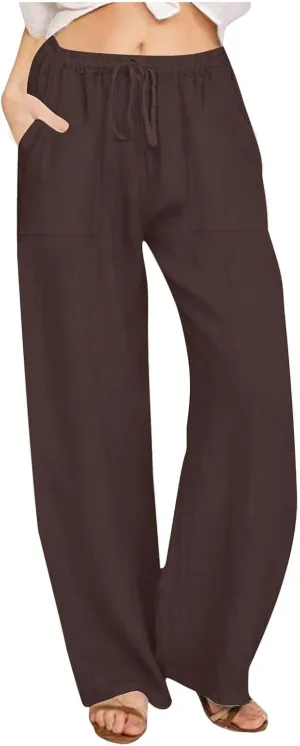 Cotton Linen Pants Women 2025 Summer Wide Leg Casual Loose Trousers Drawstring High Waist Palazzo Pants with Pockets