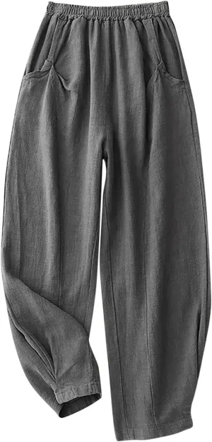 Cotton Linen Pants Women Capri Pants High Waist Pants Cinch Bottom Baggy Casual Summer Travel Trouser with Pockets