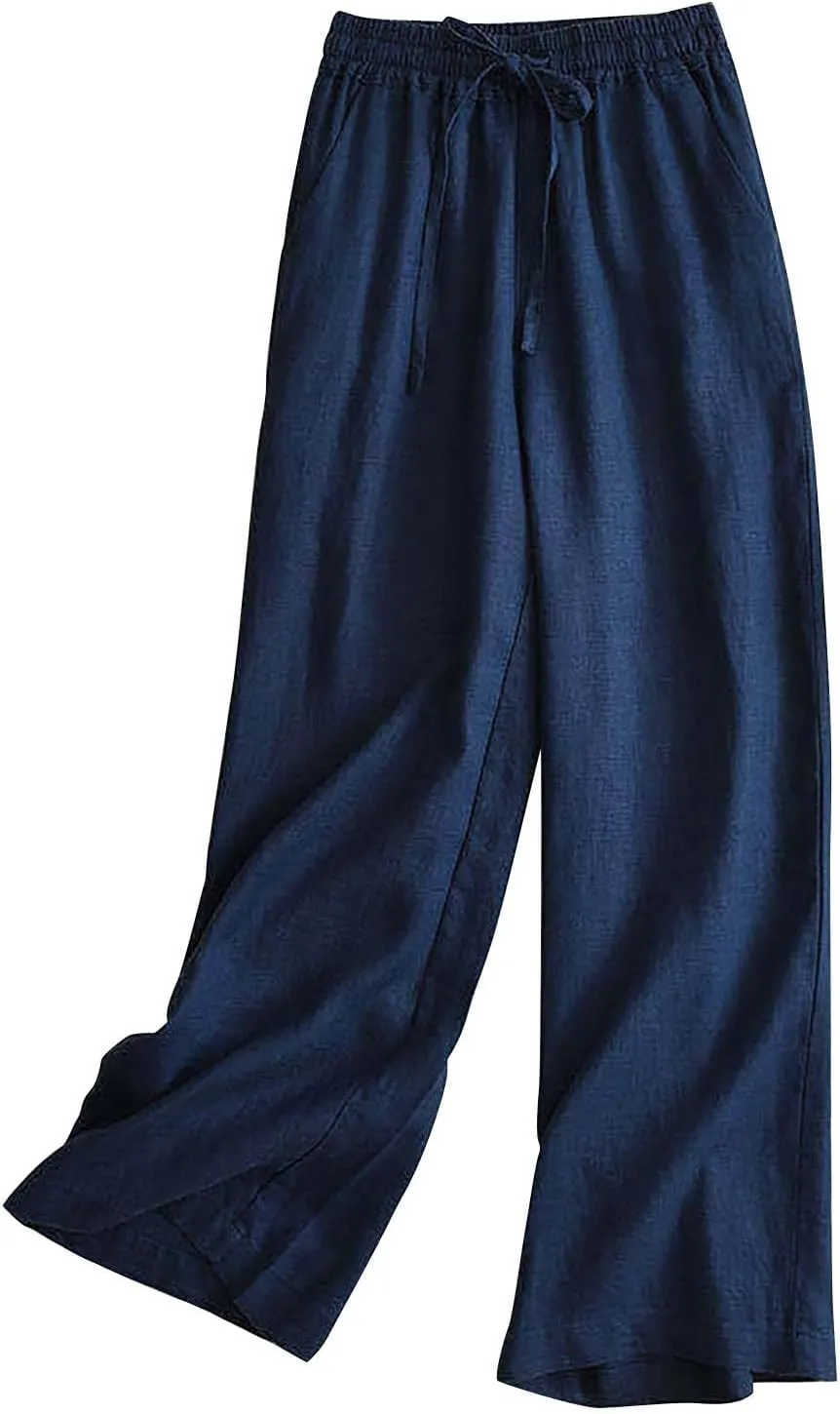 Cotton Linen Pants Women Casual Drawstring Elastic Waist Straight Leg Trousers Solid Color Lounge Pocket Pants