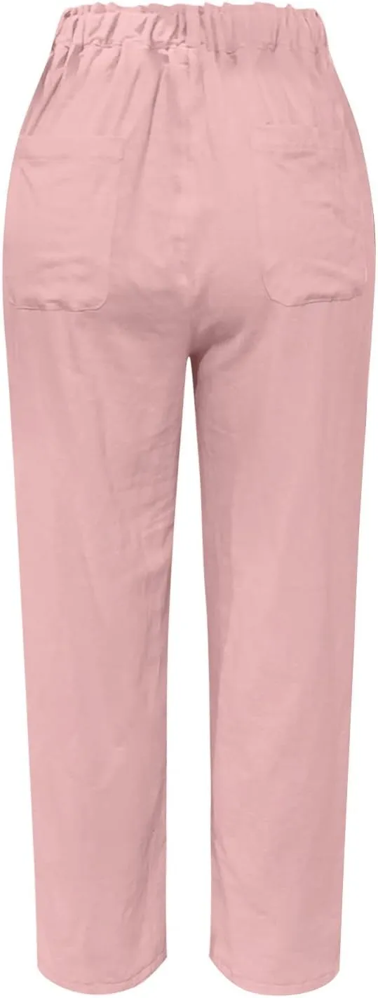 Cotton Linen Pants Women Elastic High Waist Solid Casual Baggy Trousers Straight Leg Comfy Summer Pants with Pockets