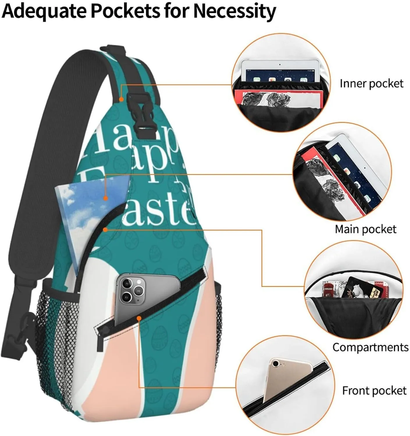 Crossbody Sling Bag for Men Women, Easter Rabbit Ears Sling Backpack Shoulder Chest Bag, Anti Theft Travel Hiking Daypacks