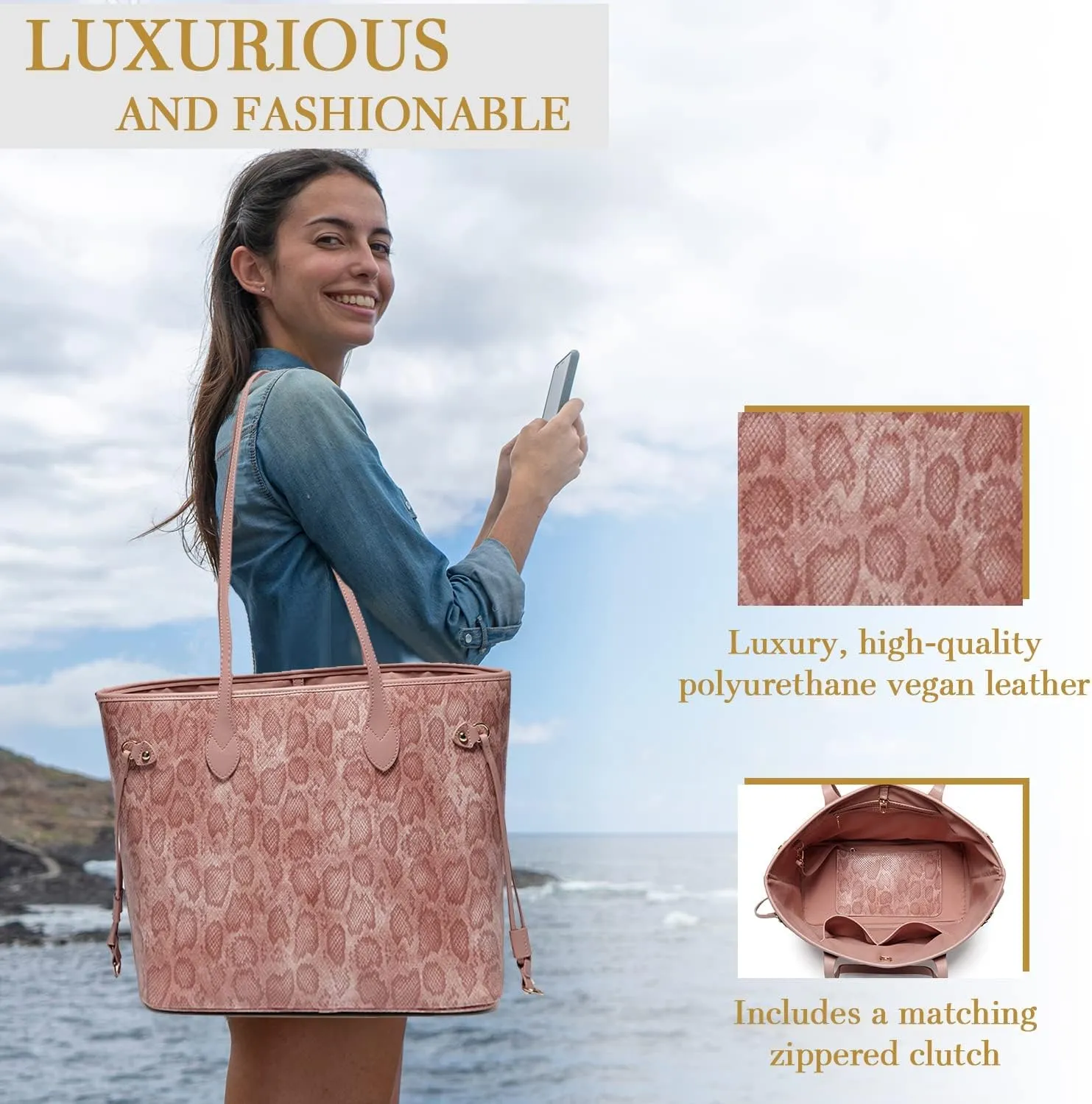 Daisy Rose Tote Shoulder Travel Bag & Matching Clutch PU Vegan Leather